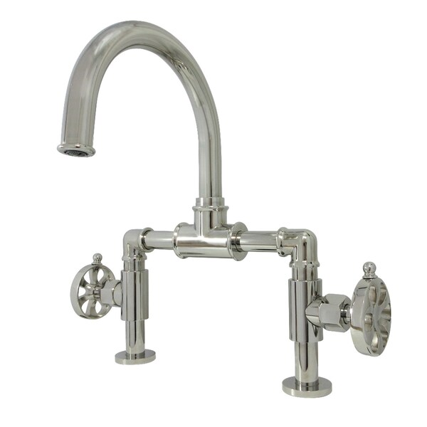 Indstrl Style Wheel Handle Bridge Bathroom Faucet W/Pop-Up Drain, Nkl